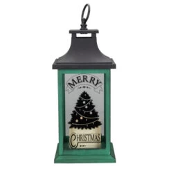 Northlight LED Candle With Christmas Tree Lantern - 12" - Green And Black